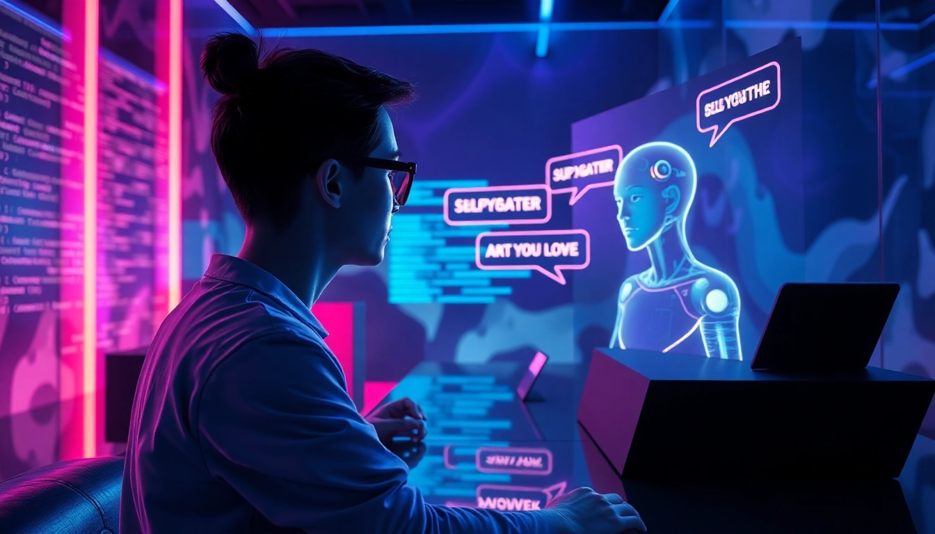 Futuristic AI interface with virtual characters engaging in NSFW chat in a high-tech room with neon lights.
