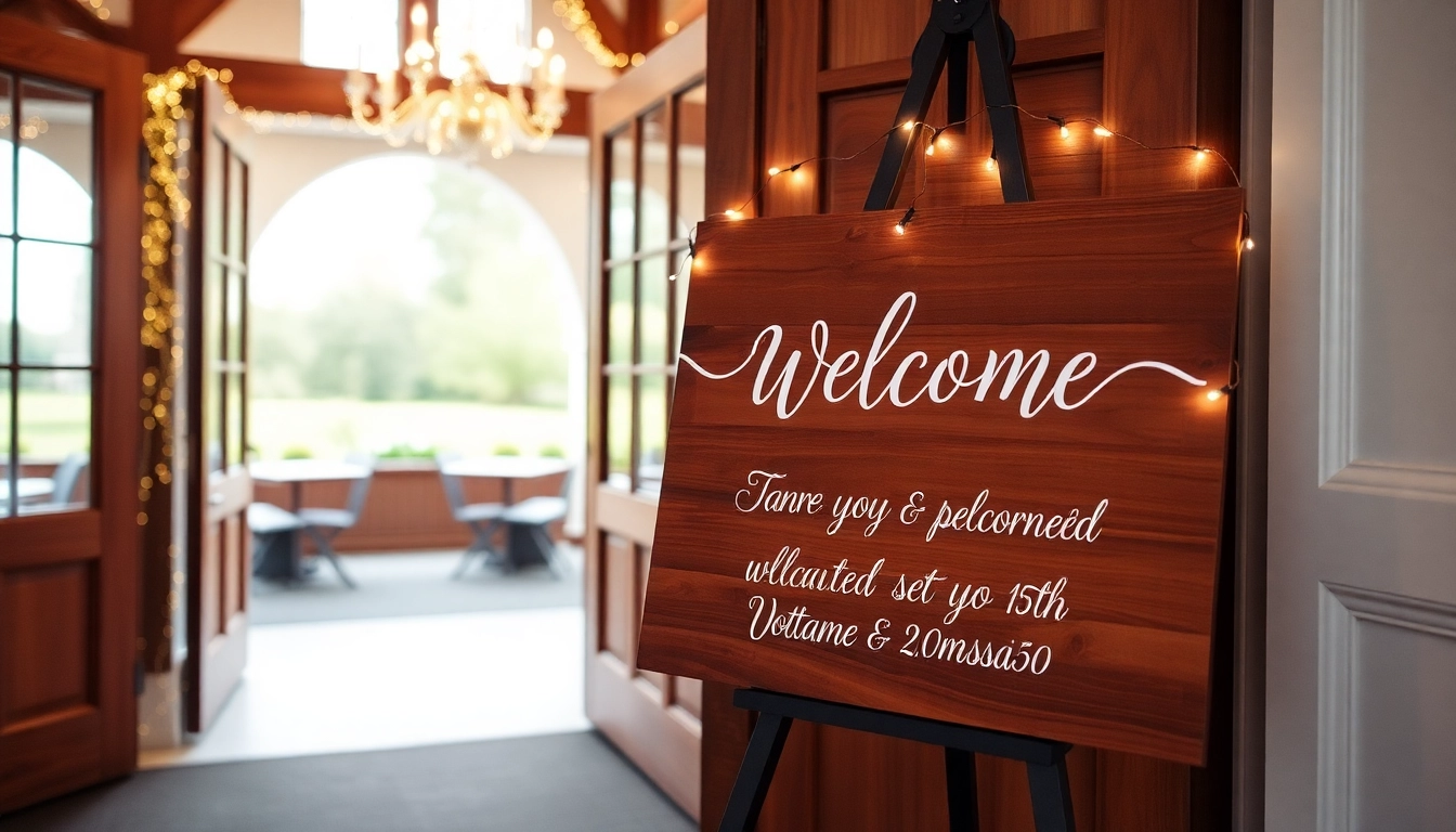 Beautiful wedding welcome sign with personalized calligraphy on a wooden board at entrance, creating an inviting wedding ambiance.