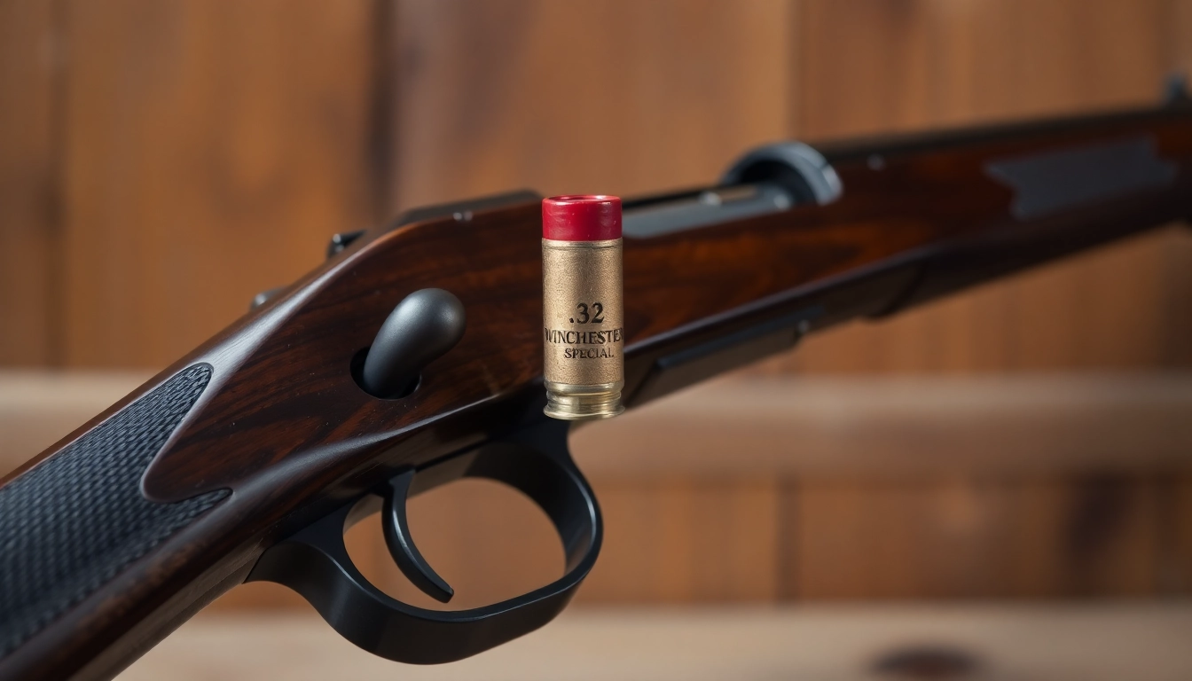 The image showcases a detailed view of a 32WIN lever-action rifle and cartridge, highlighting its classic design and historical significance for collectors and enthusiasts.