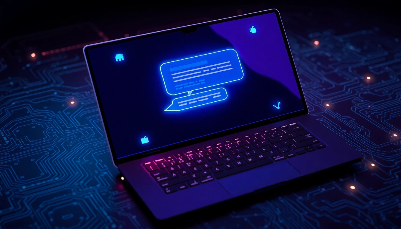 Futuristic AI chat interface on a dark screen with glowing text and holographic elements