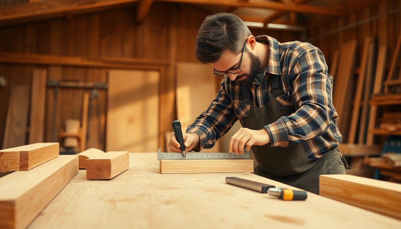 Professional carpenter showcasing skill with woodworking tools in a detailed, well-lit carpentry workshop, highlighting craftsmanship and precision.