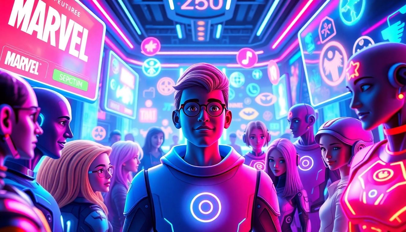 Futuristic virtual social media scene with avatars and holograms in a colorful digital environment.