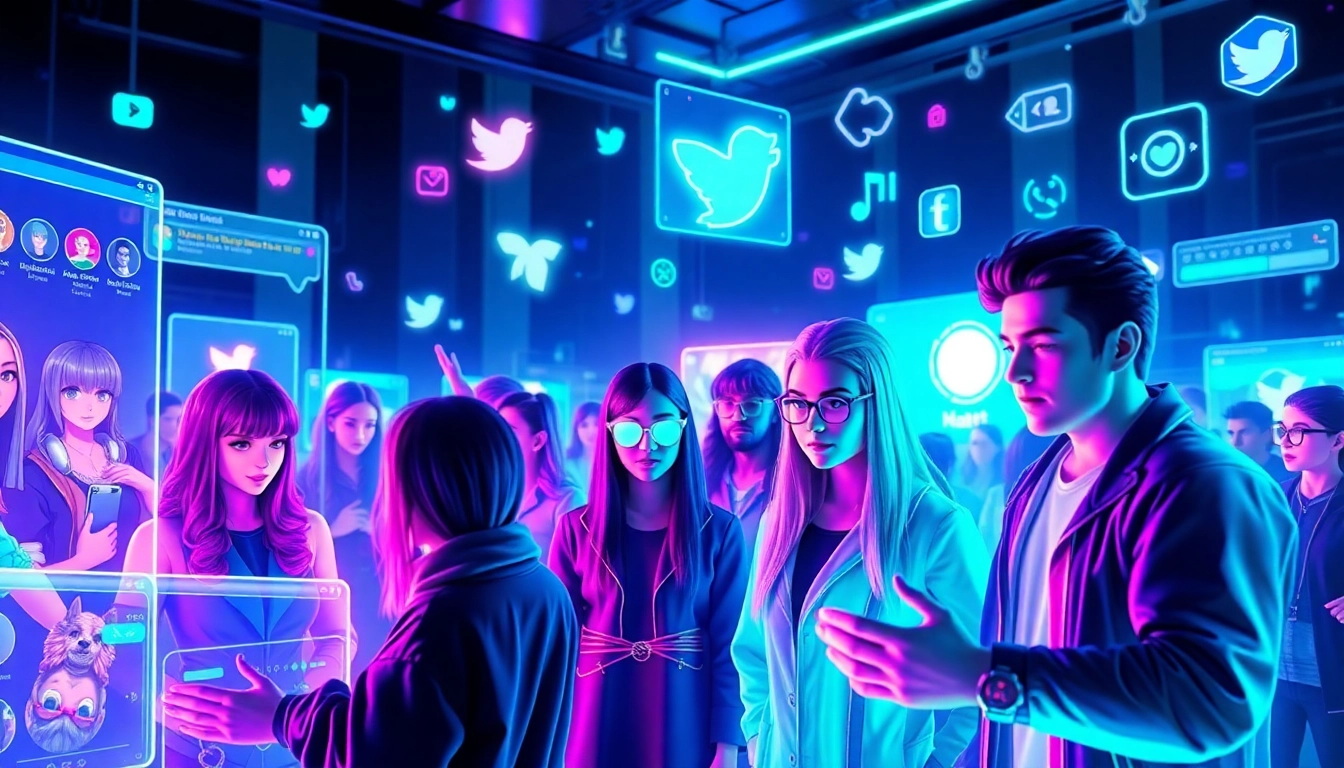 Futuristic social media scene with avatars interacting on holographic screens in a neon-lit environment.