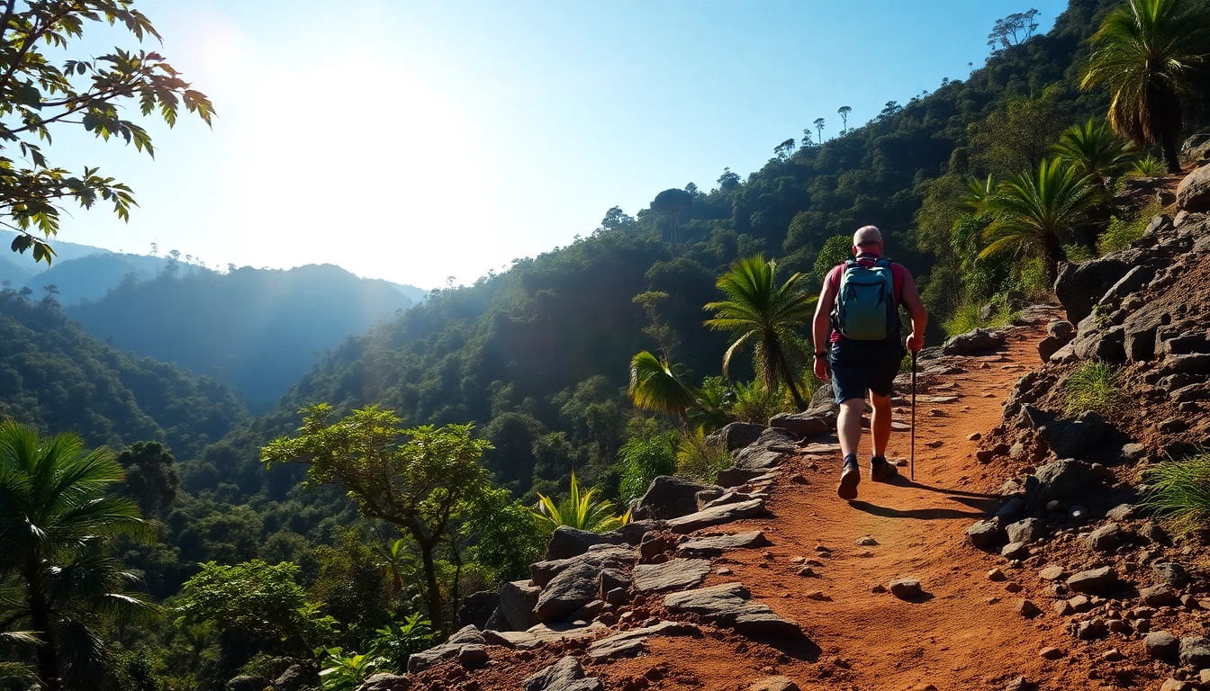 Trekking through lush Indonesian jungle landscape with rugged terrain and vibrant scenery.