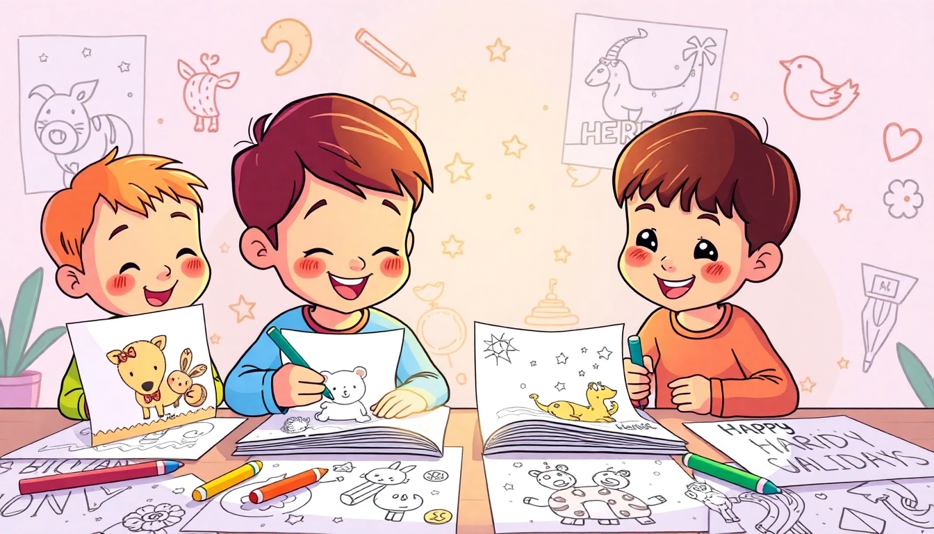 Brightly colored coloring pages for kids showing animals and festive scenes for creative fun and learning.