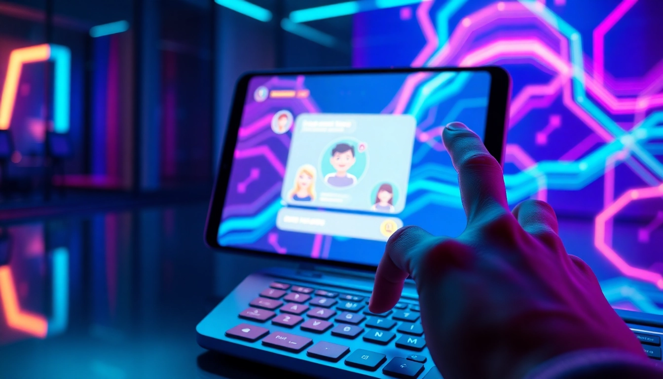 Futuristic digital chat interface with AI avatars and neon lighting