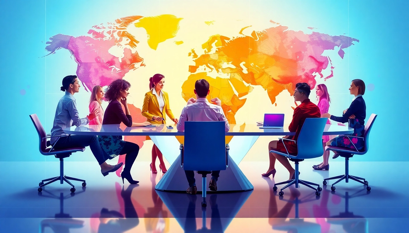 Professional team analyzing data about the Lien minh quoc te with global digital interface and