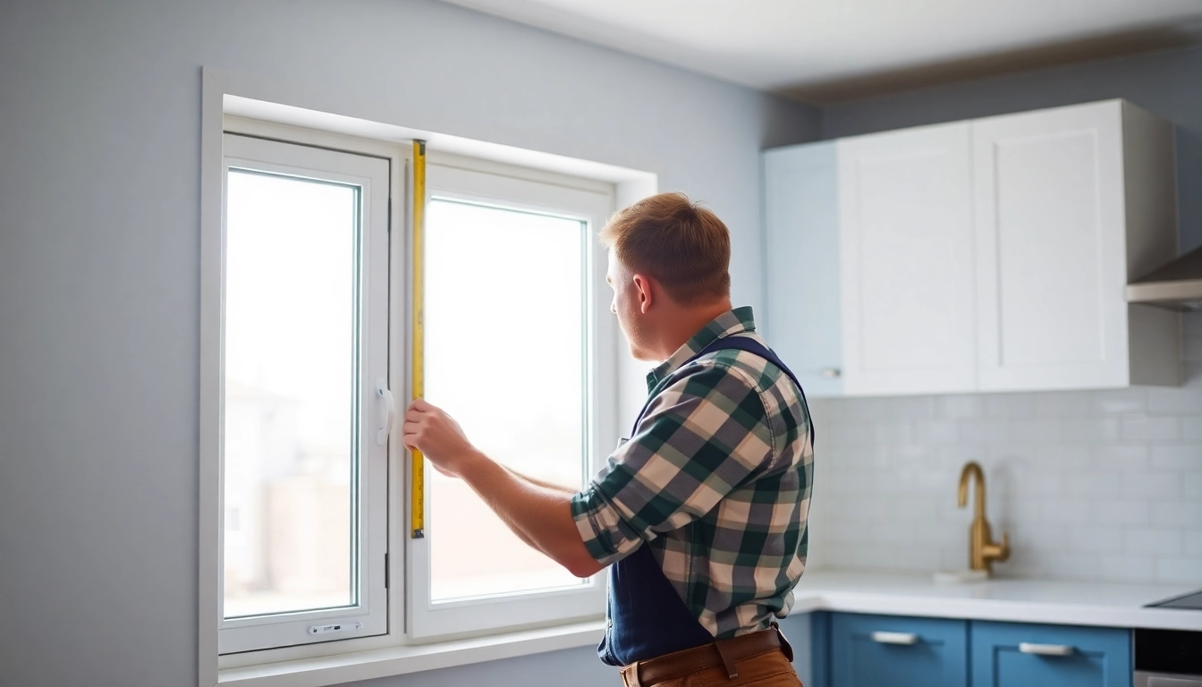 Window Contractors Near Me: skilled installer measuring a replacement window in a bright kitchen.