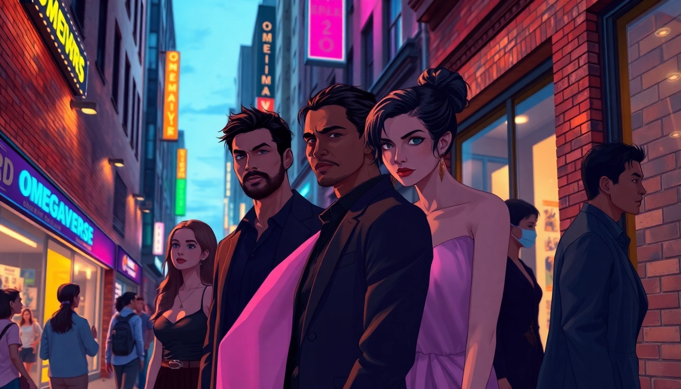 Illustration of diverse characters representing Omegaverse hierarchy in an urban dusk setting with vibrant lighting and textures.