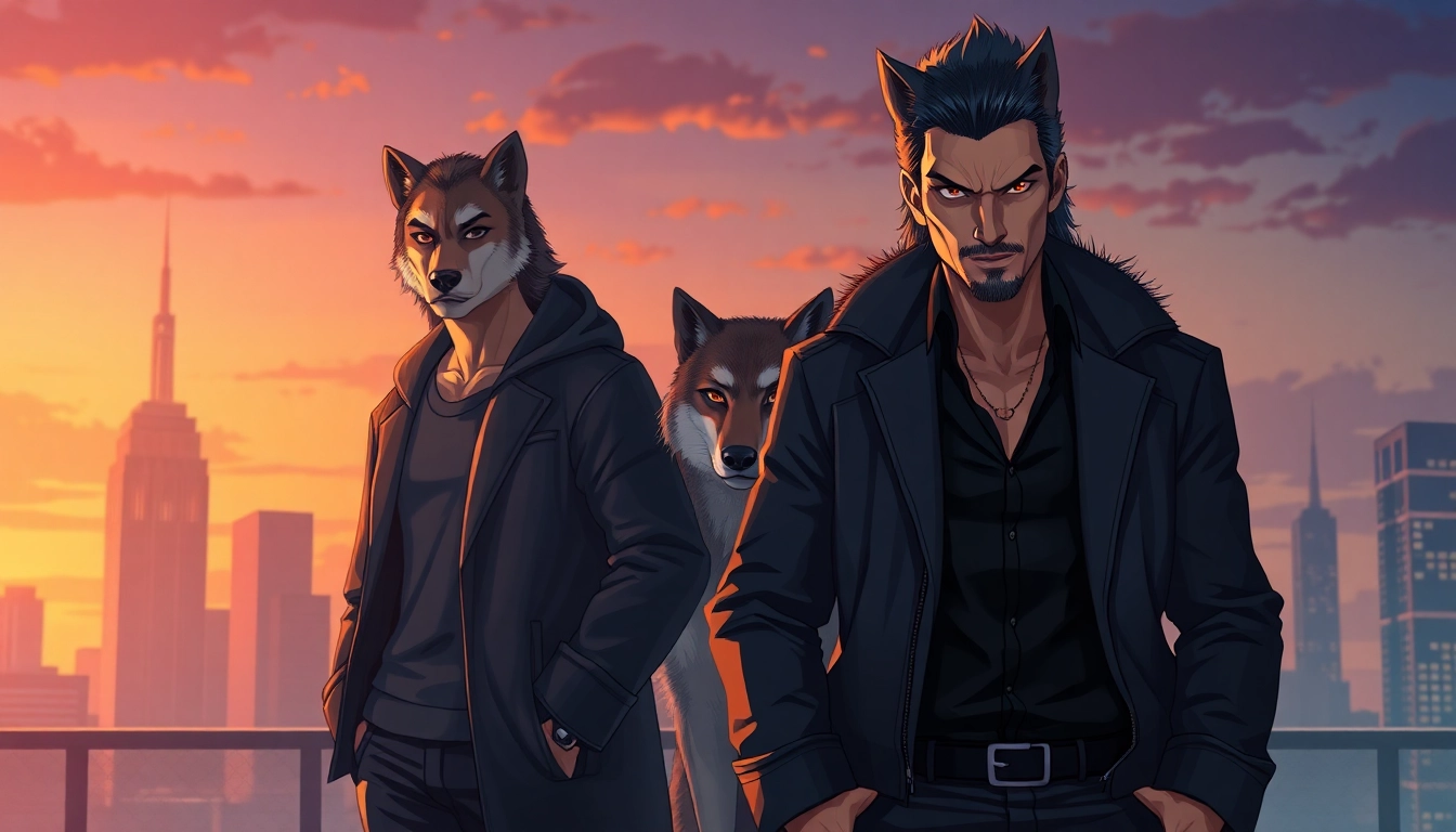 Illustration of a wolf pack hierarchy in an urban setting, showing alpha, beta, and omega figures with contrasting expressions and clothing against a city skyline at dusk.