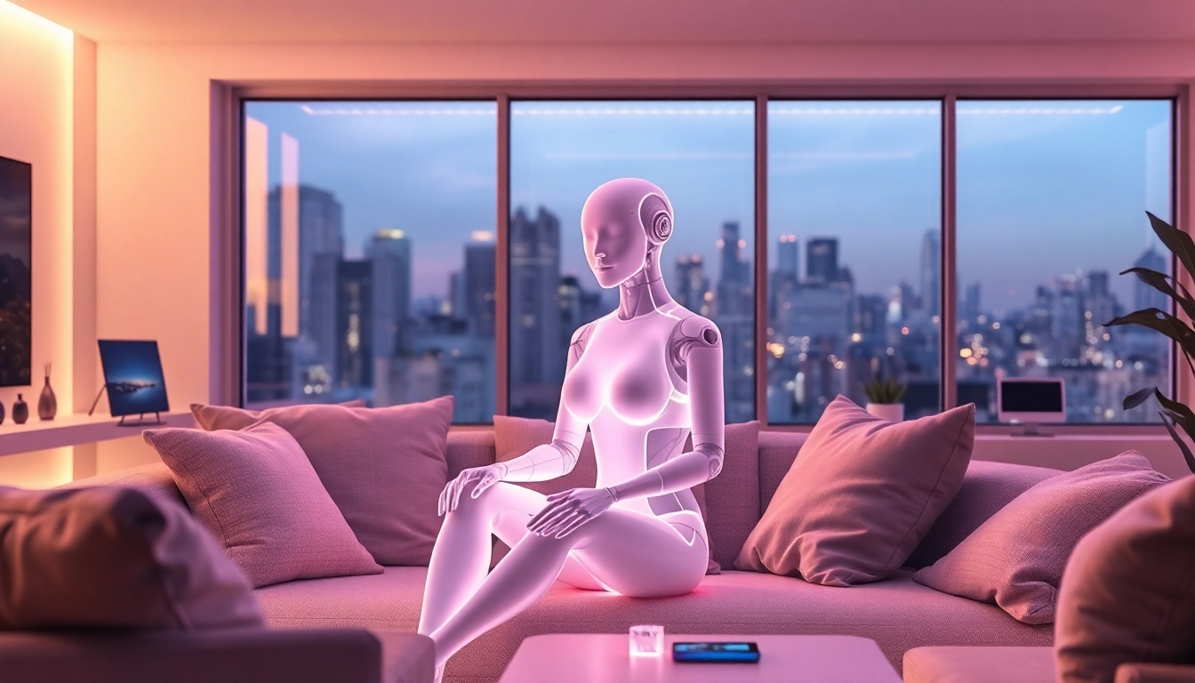 Futuristic AI girlfriend sitting in a cozy modern living room at dusk with city skyline in background.