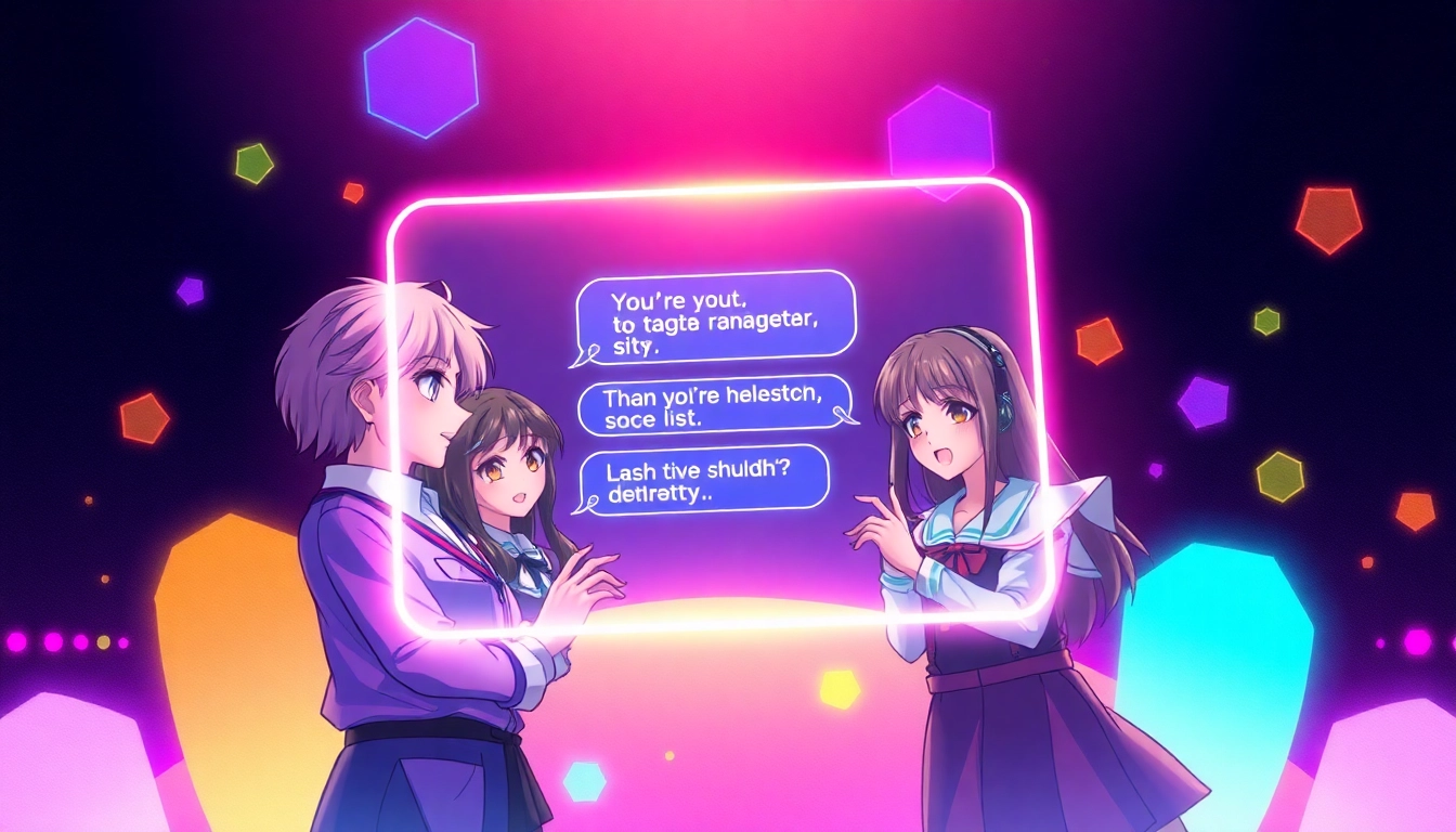 An anime-inspired digital illustration of characters engaging in a futuristic chat interface with neon lighting and holographic effects.