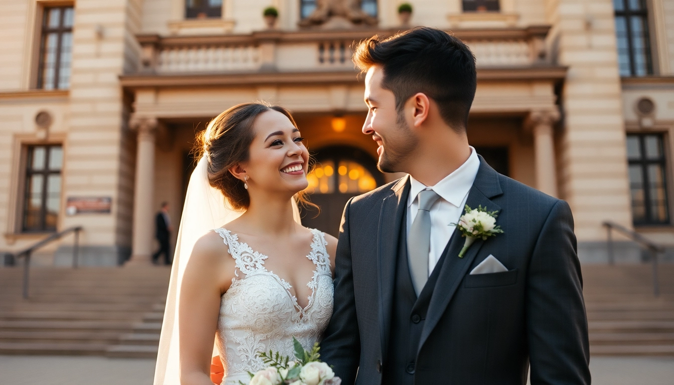 Photographe mariage Liège: Couple smiling during wedding shoot at Liège landmark, natural and authentic moment.