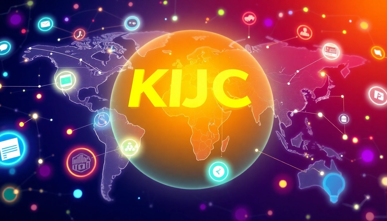 KJC logo displayed on a sleek digital interface, symbolizing global connectivity and technological innovation in digital entertainment solutions, highlighting KJC's leadership role.
