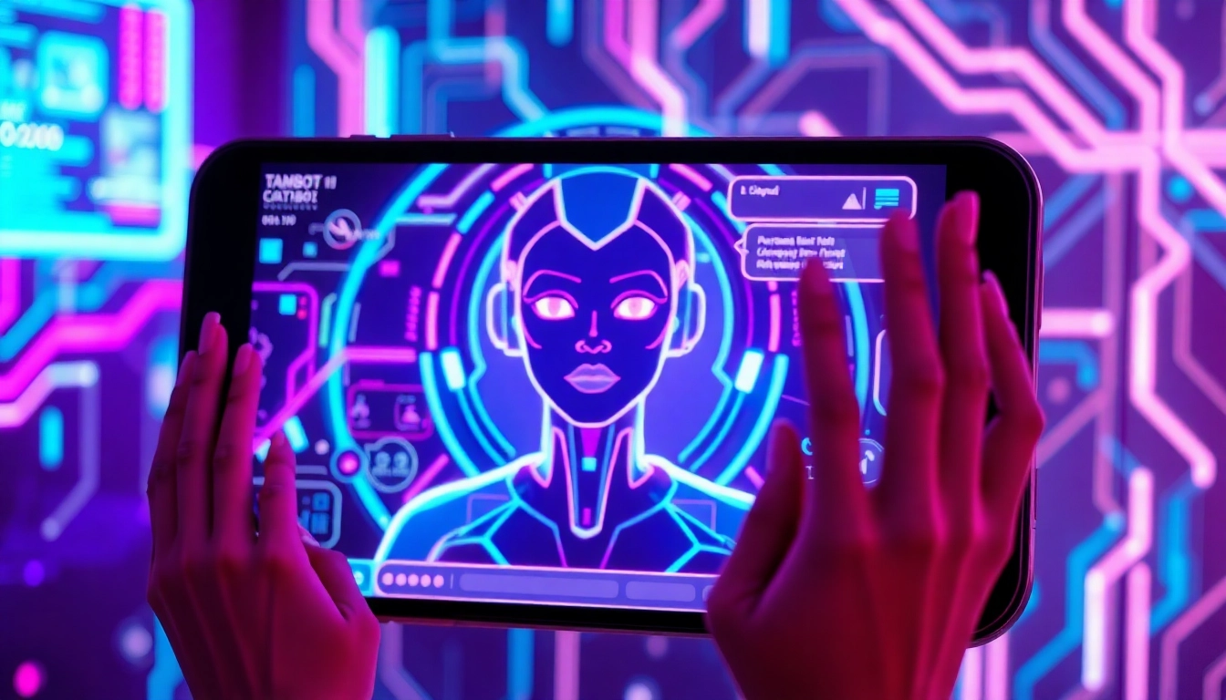 A futuristic AI chatbot interface with neon colors and digital textures, evoking a sense of high-tech seduction.