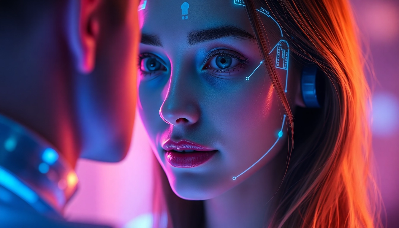 AI girlfriend engaging in unfiltered NSFW chat through a high-tech hologram interface, emphasizing realism and intimacy.