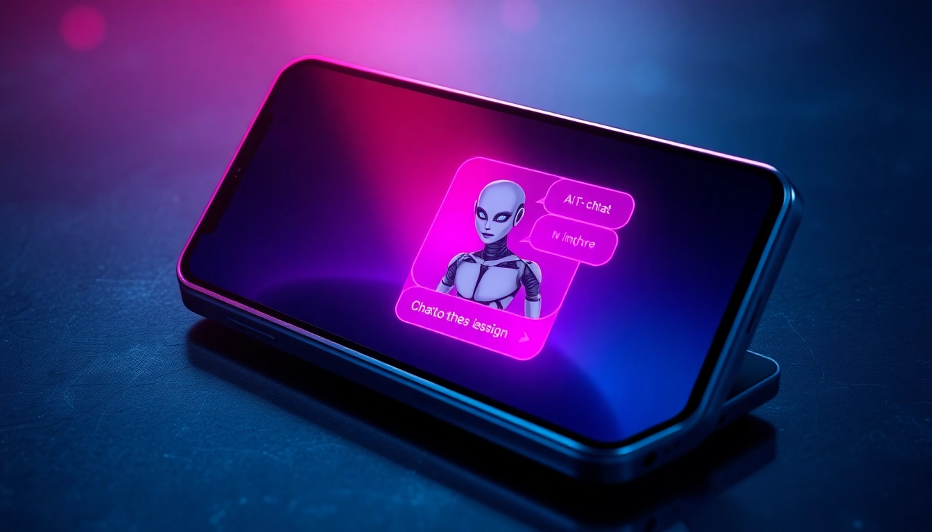 A smartphone displaying an AI chat interface with a seductive digital character on the screen, set against a dark, futuristic background.