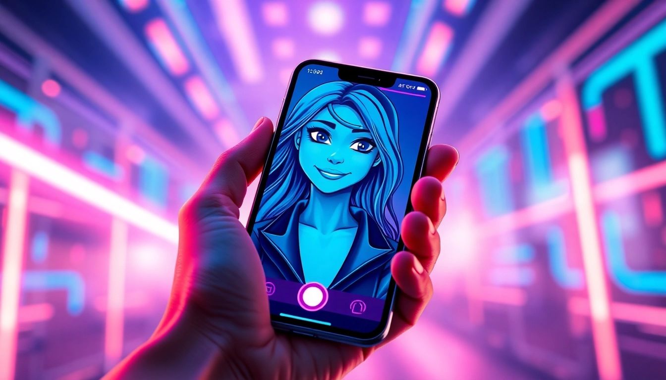 Close-up of a smartphone displaying a lifelike AI girlfriend character with a futuristic digital background.