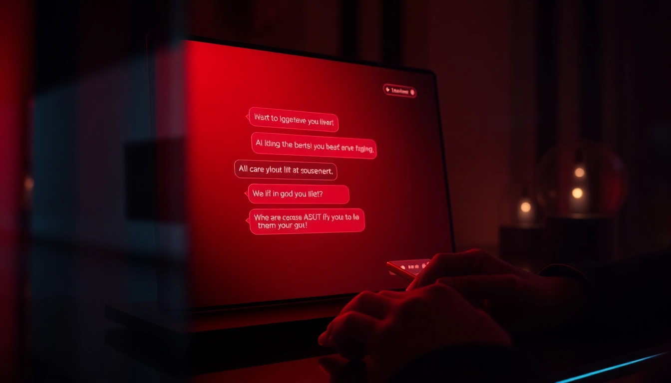 Close-up of a digital chatbot interface with suggestive text bubbles in a dimly lit, intimate setting.