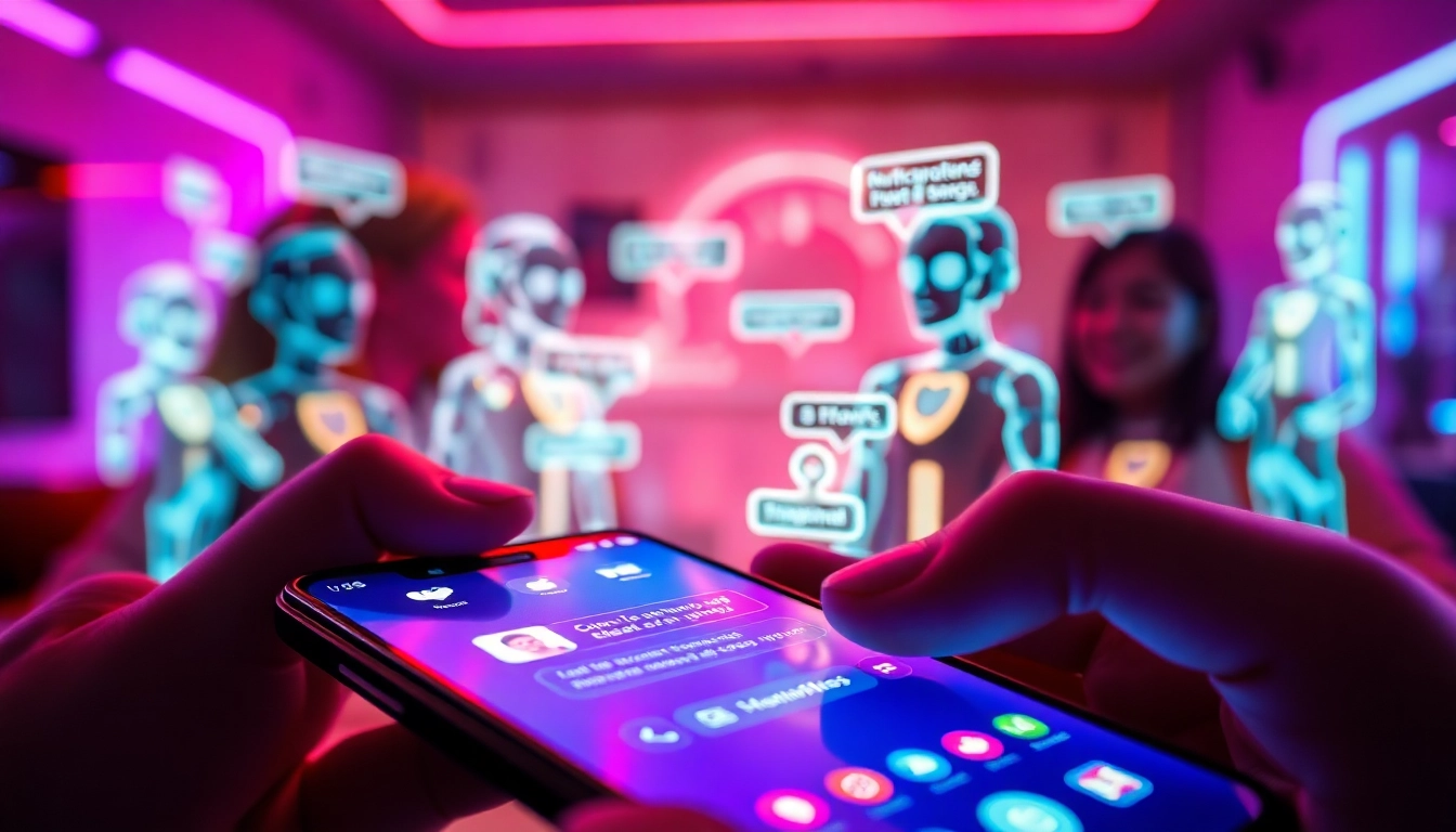 Futuristic smartphone with holographic AI characters engaging in digital conversation in a neon-lit environment.