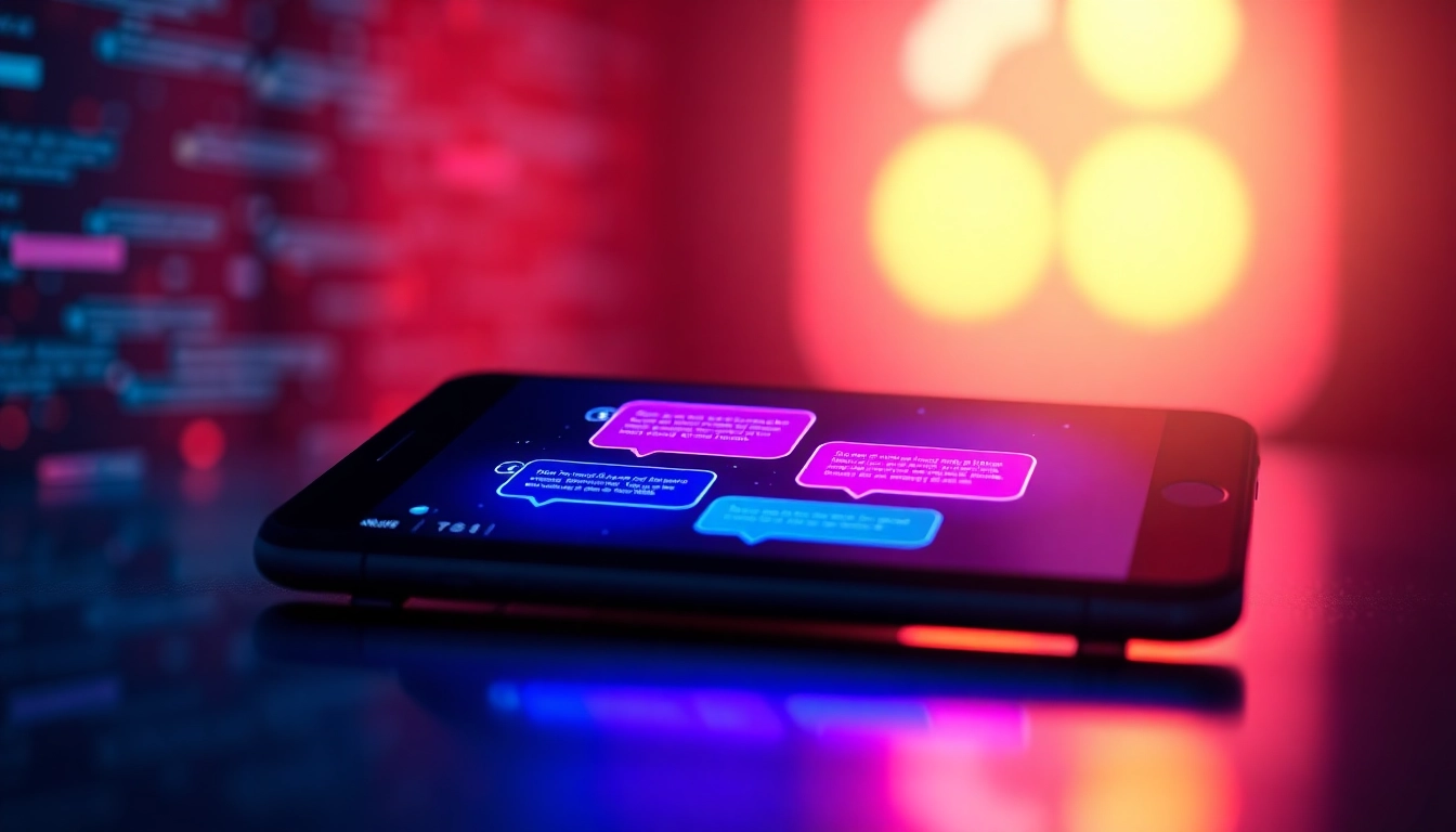 Close-up of a futuristic AI chat interface on a device with vibrant neon chat bubbles and digital background