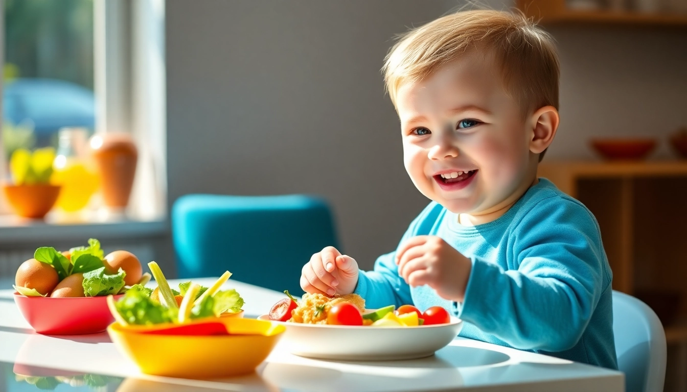 Healthy baby food Made in Italy showcased with smiling baby using certified silicone dishes in