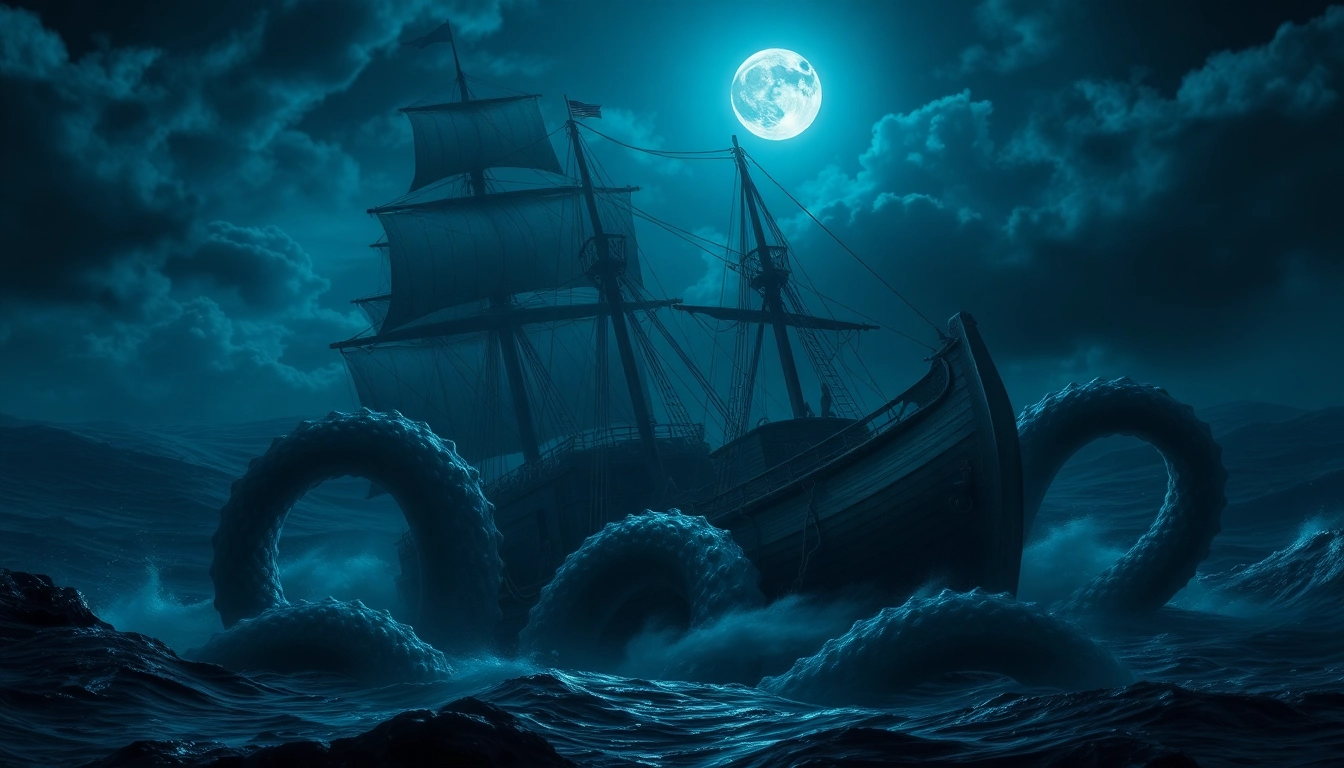 Kraken illustrated as a giant tentacled monster attacking a ship in deep ocean waters,