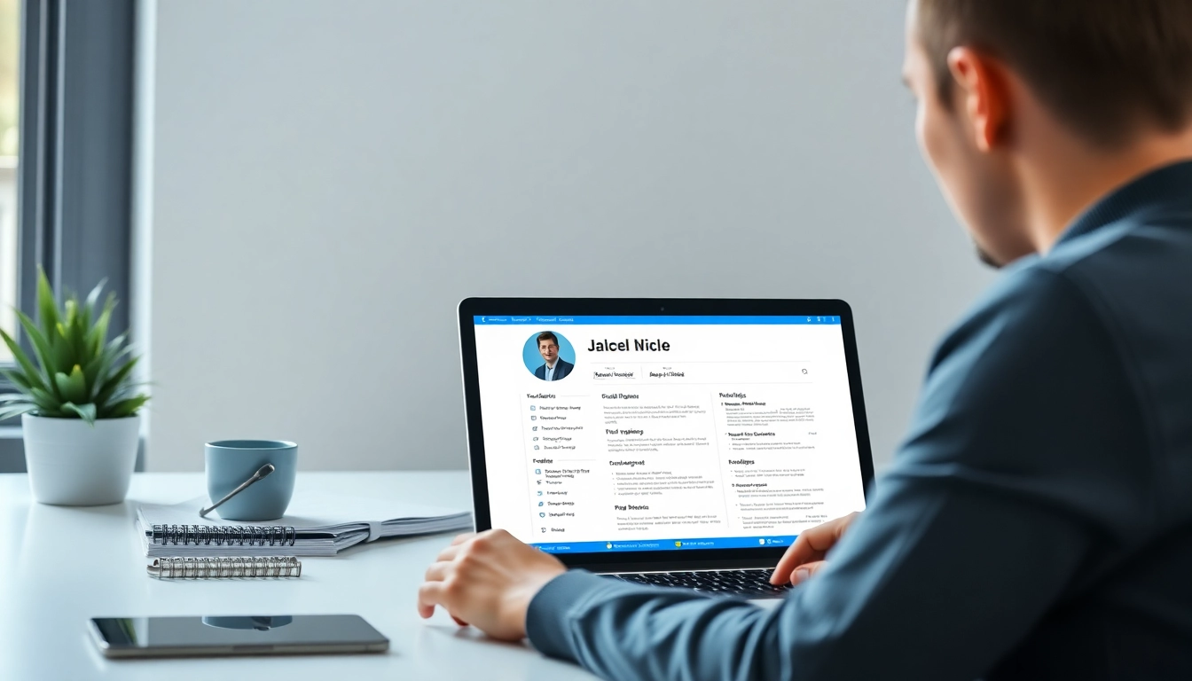 Person designing a professional resume templates on laptop, showcasing modern work environment