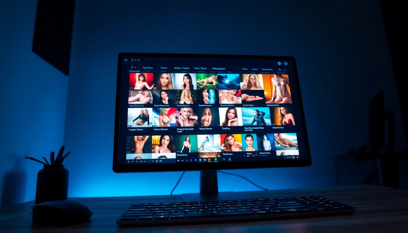 Close-up of a computer screen displaying thumbnails of adult videos on a modern website interface.