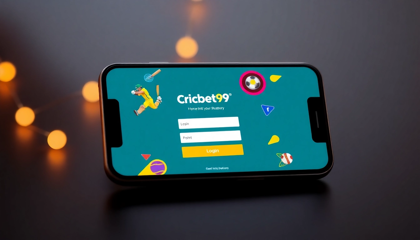 Cricbet99 login screen on mobile with sports icons, emphasizing secure and user-friendly access