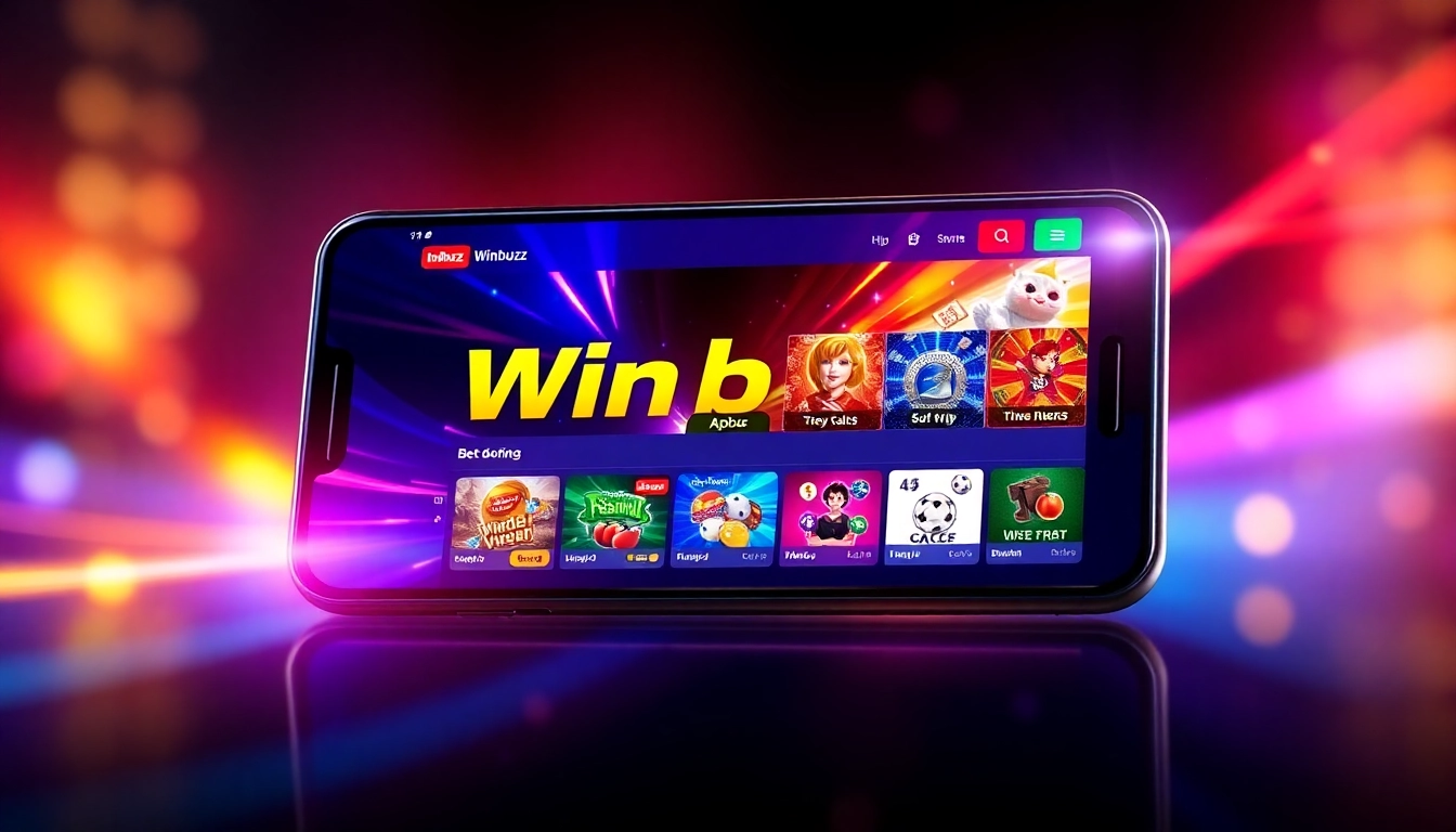 Winbuzz Apk user interface on smartphone with colorful betting options and live sports features